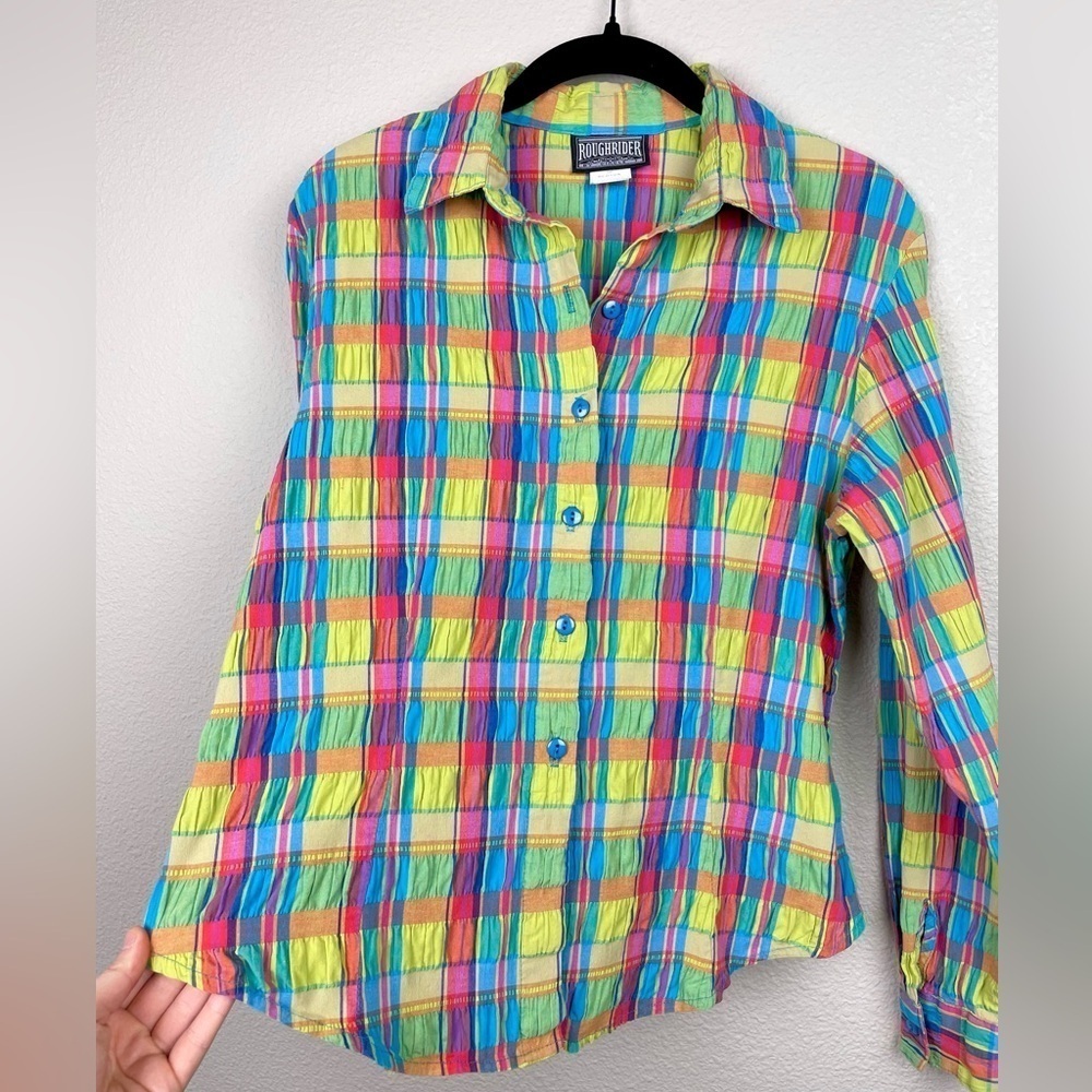 VTG Junior's Medium Roughrider by Circle K Rainbow Plaid Collared Shirt Smocked - Picture 9 of 16